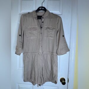 Velvet Heart utility romper in a tan color.